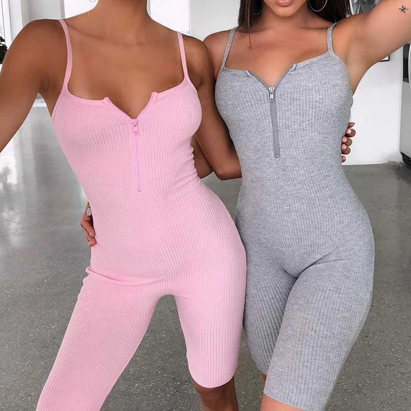 Backless Bodycon Playsuit Women Sexy Spaghetti Strap Ribbed Cami One Piece Jumpsuit Shorts pink Zip Up Party Club Romper 2020