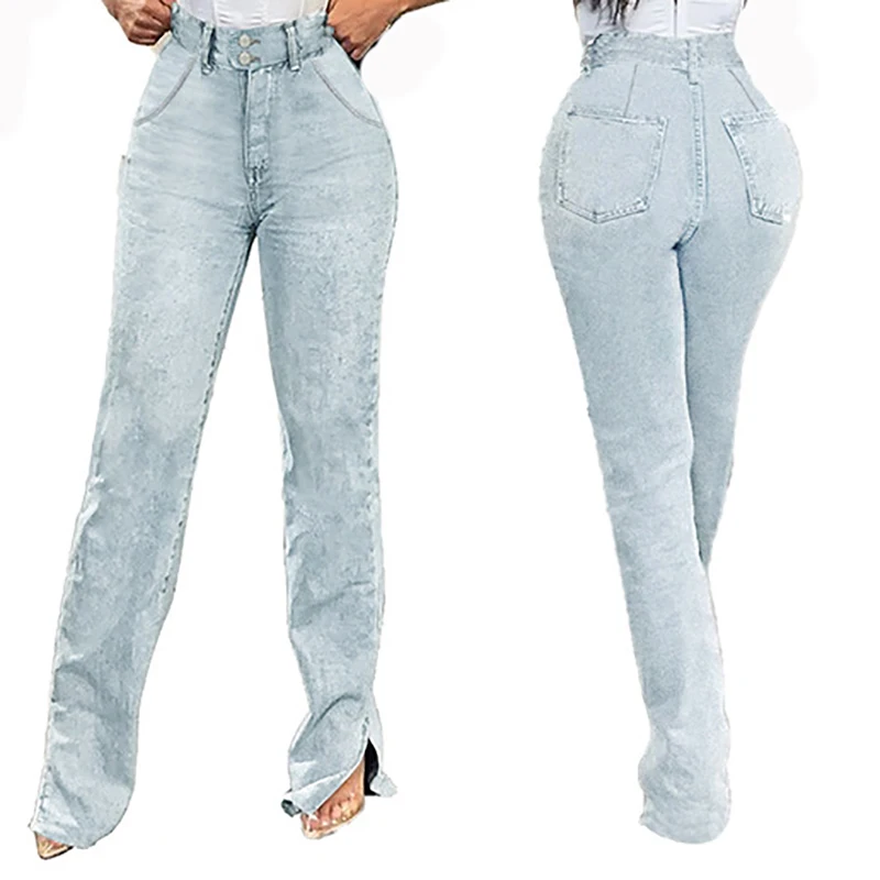 

Women High Waist Double Buckles Denim Pants Straight Bell Bottom Pants Side Split Jeans Flared Trousers Fashion Blue Denim Jeans