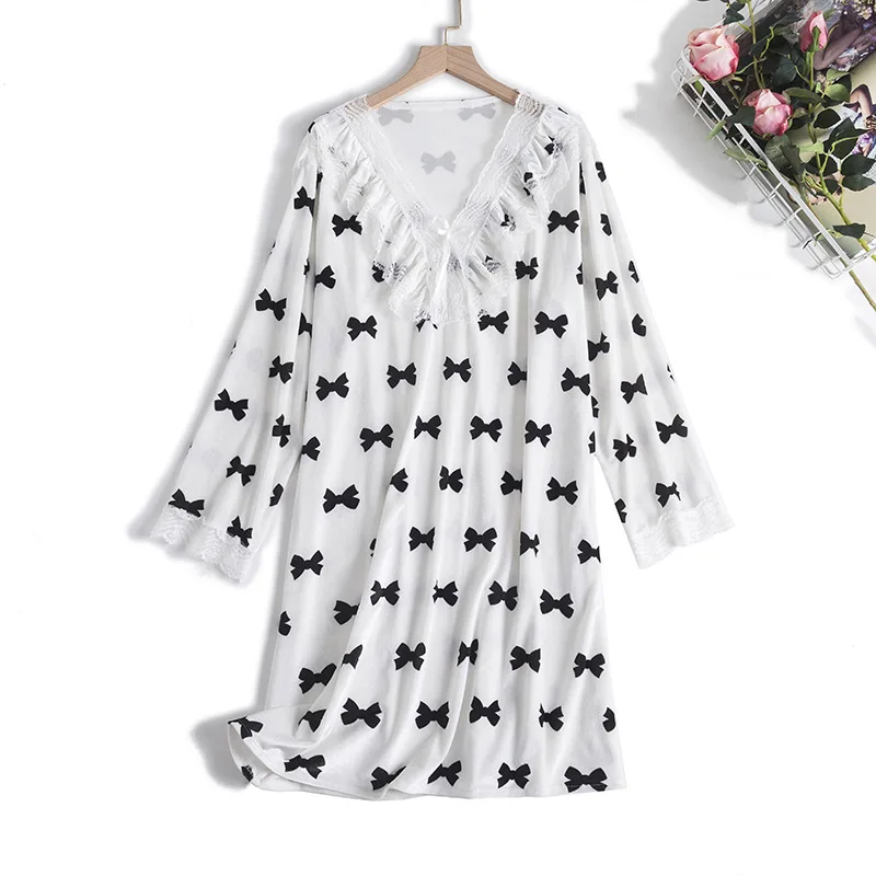 

Женская велюровая ночная рубашка с принтом, новая осенняя одежда для сна с кружевом, мягкая бархатная ночная рубашка, домашняя одежда, Халат