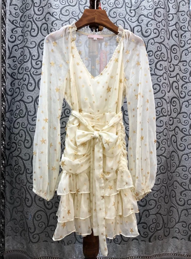 

Novia Party 2021 Spring Sexy Club Dress Women V-Neck Golden Prints Cascading Ruffle Patchwork Long Sleeve Black Yellow Dress