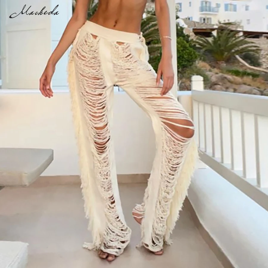 

Брюки женские Macheda, Осенние, белые, сексуальные, с вырезами, Y2K, с высокой талией, уличные, длинные, 2021
