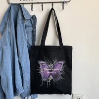 women butterfly lightning print black cotton canvas shopper bag girl harajuku 90s y2k classic vintage shoulder handbag female