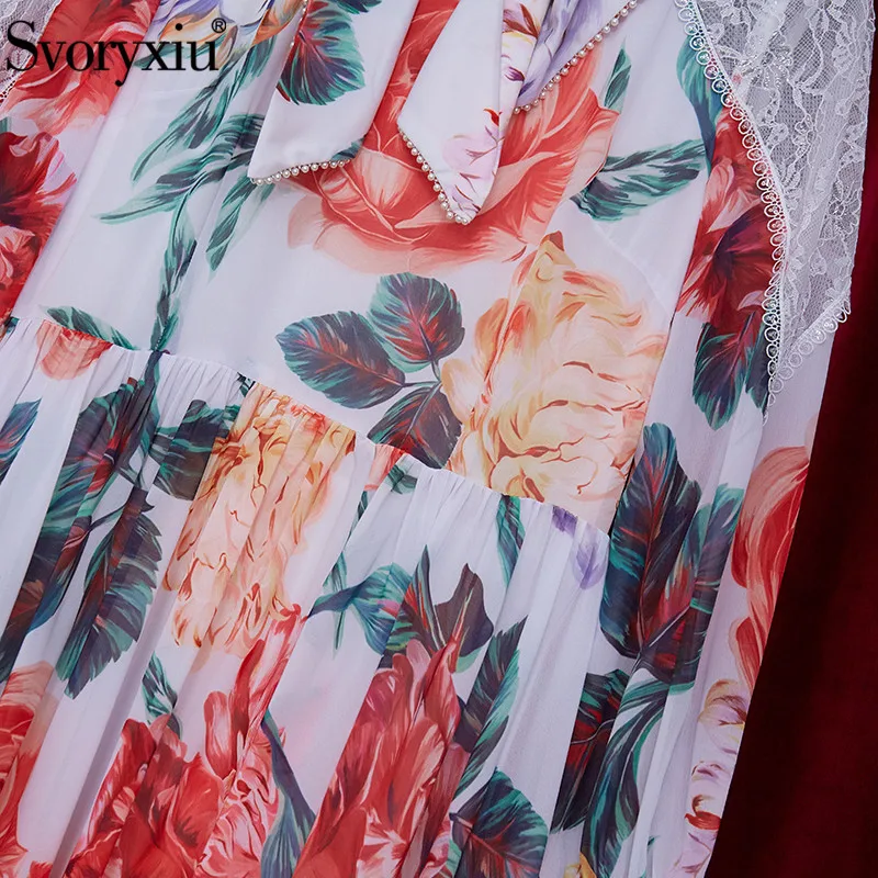 

Svoryxiu Runway Designer Spring Summer Elegant Maxi Dress Women's Long Sleeve Beaded Bow Lace Flower Print Party Dresses