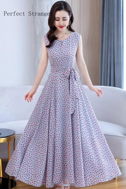 

2021 Summer New Arrival Hot Sale V Collar Sleeveless Flower Printed Women Chiffon Long Dress