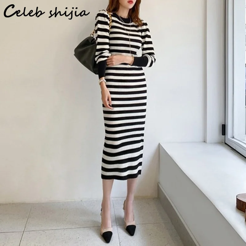 

Striped Sweater Dress Bodycon Women Autumn Winter Black Woolen Harajuku Long Dress Female Oversized Knitted Vestido korean
