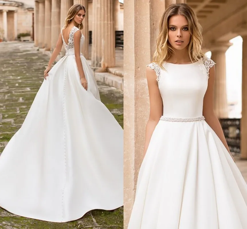 

Elegant Satin Wedding Dress 2021 Cap Sleeves Lace Appliques Beach Bride Party Gowns Sexy Boho Long Train Vestidos Mariee