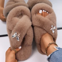 women slippers flat ladies winter home shoes luxury crystal insect fluffy slippers bling faux fur sandals furry slides plus size