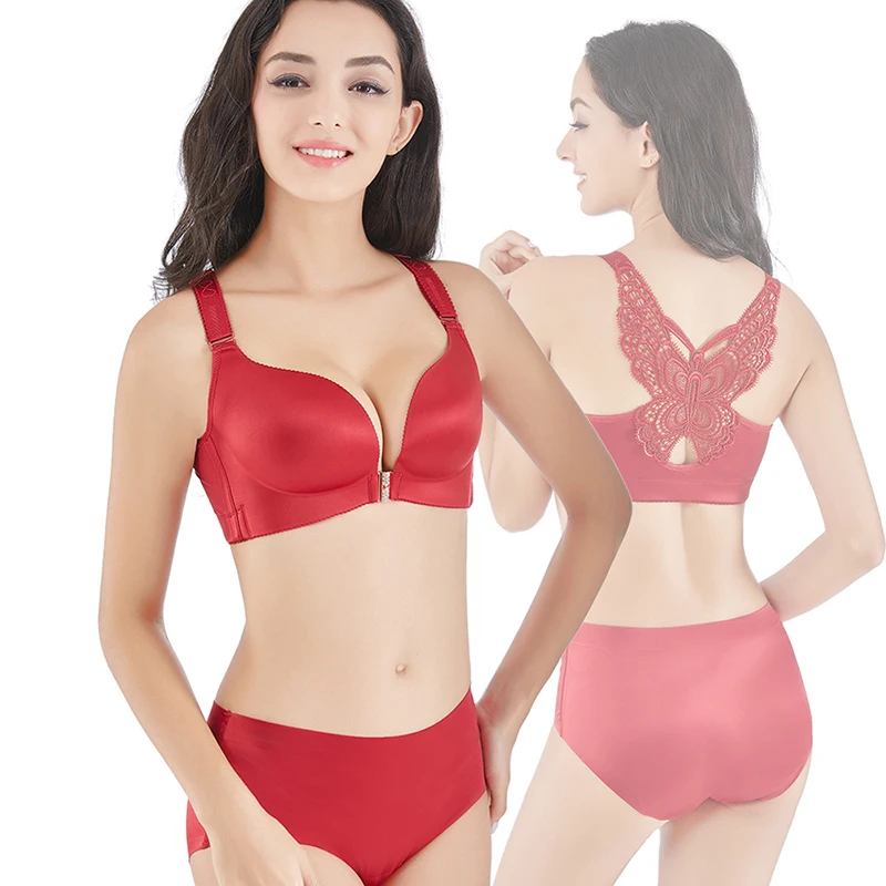 

Plus Size Bra Set 36-52 Plus Size Bra For Bigger Women CDE Wire Free Cup Beauty Back Bra Panties Front Closure Lingerie Set