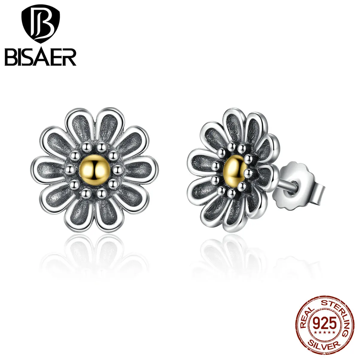 BISAER Аутентичные 925 пробы серебряные черные хризантемы цветок серьги гвоздики модные ювелирные изделия HJS455