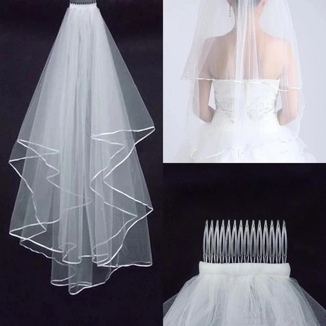 

Simple and Elegent Wedding Veil Bridal Tulle Veils with Comb and Lace Ribbon Edge White