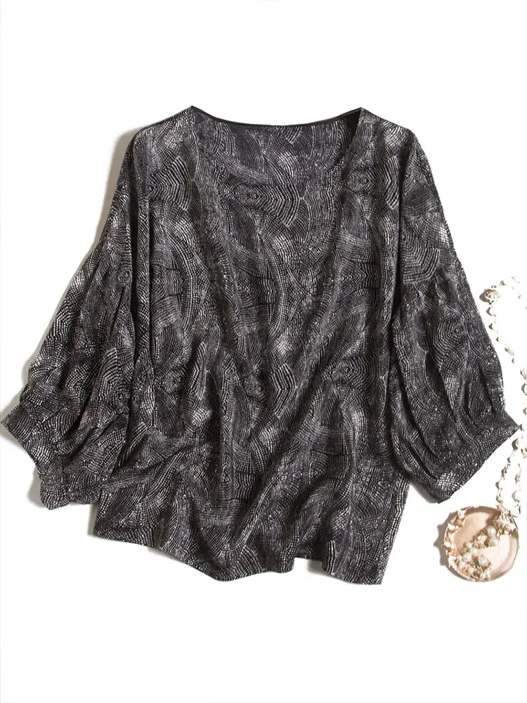 

Art Intertwined Geometric Painting Design 100 Mulberry Silk Long Sleeve Round Neck Women's Fashion Shirt Lantern Sleeve Top
