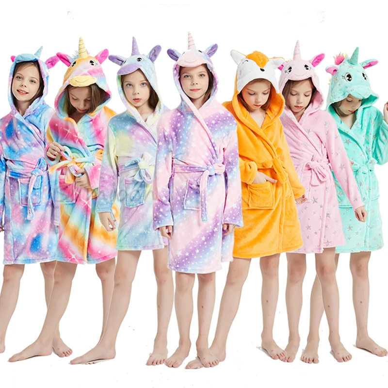 Халат детский зимний с капюшоном пижама изображением единорога для девочек