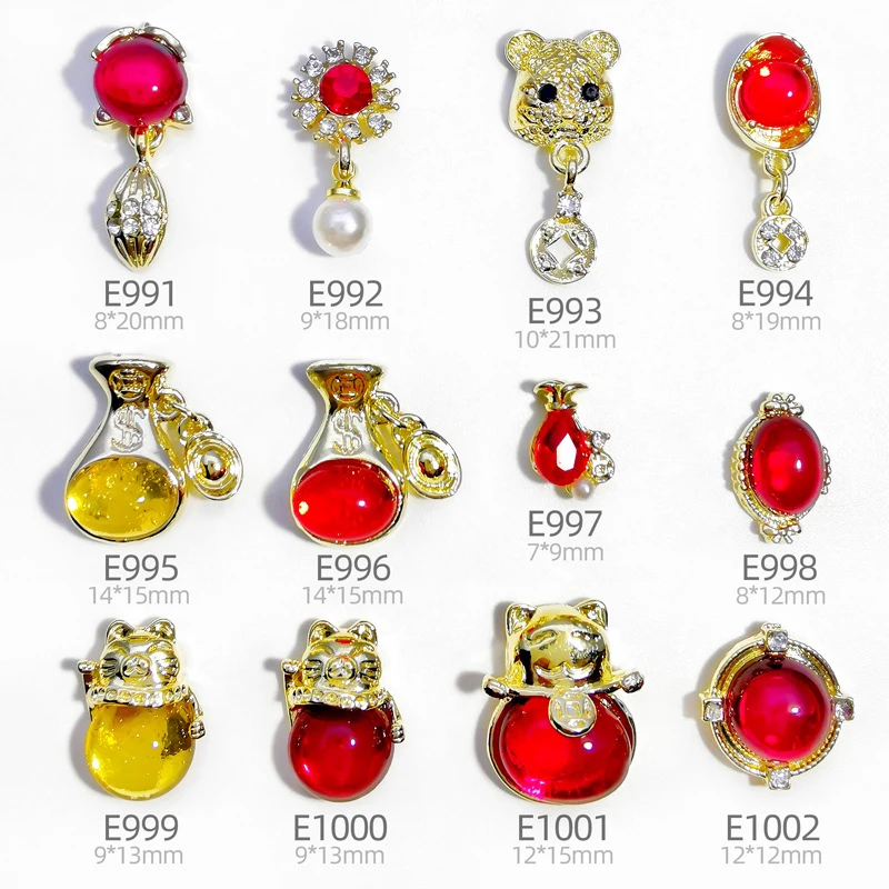 

5pcs/set New year nail rhinestones gold metal alloy cat eye stone zircon diamond fox cat money bag design nail decoration RH014