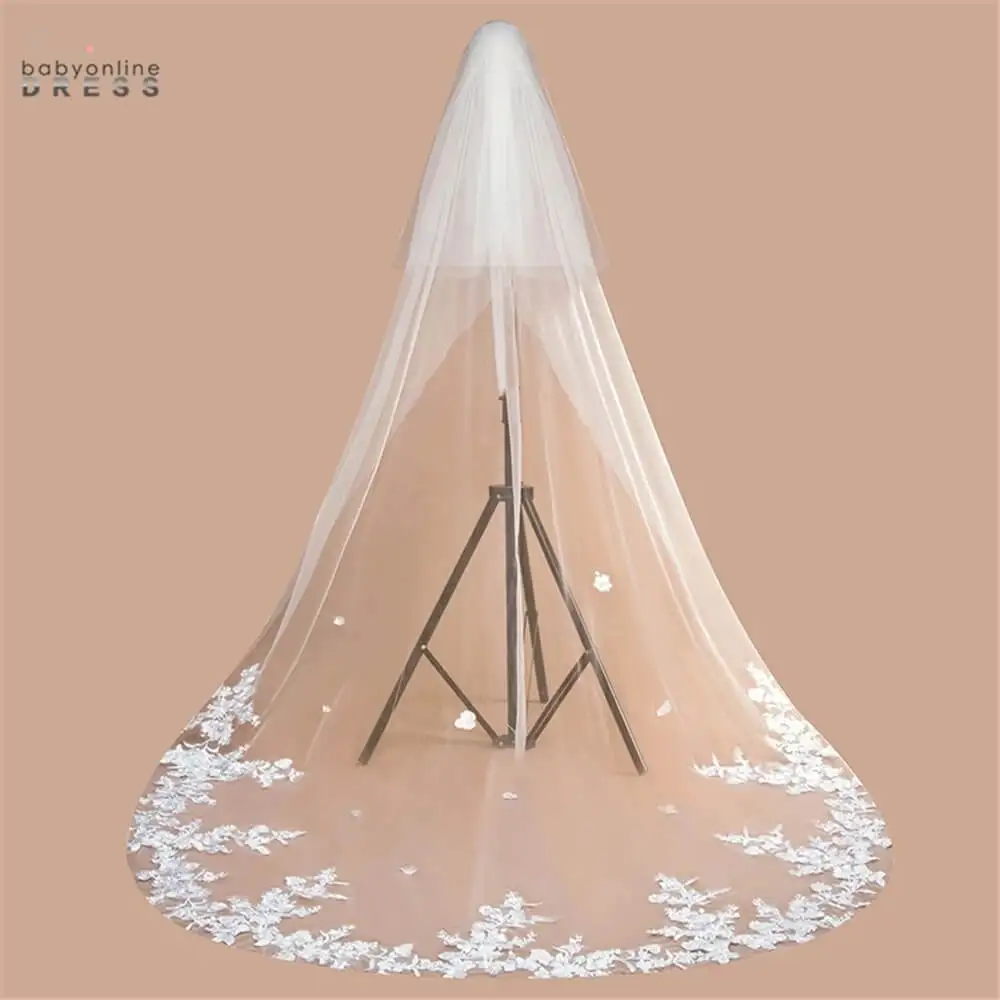 

2021 New Design 3M Lace Edge Cathedral Wedding Veil With Comb 3D Flower One Layer Long Tulle Veil Bridal Voile White Ivory Welon