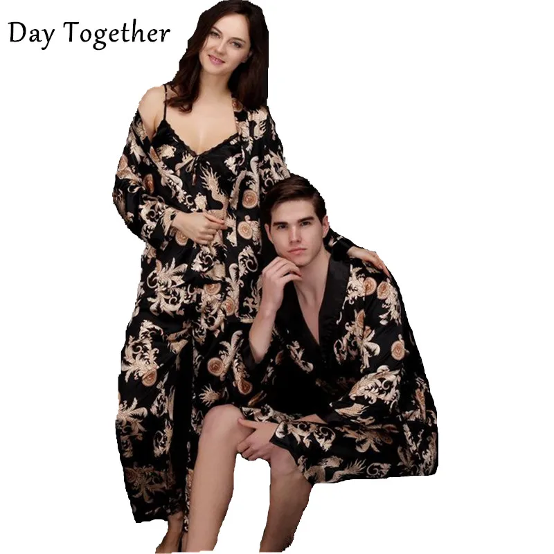 

Couple Printed Dragon Kimono Robes Men Black Silk Satin Nightgown Women's Kimono Sexy Nightgowns Bathrobe Sleepwear Pajamas Sets