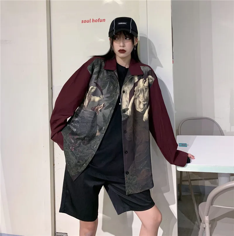 Ulzzang Женские топы и блузки bf принт ins уличная одежда Harajuku Стиль Осень blusas mujer de moda