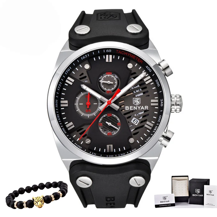 black silver red Benyar часы мужские роскошные Топ бренд мужские s водонепроницаемые часы мужские спортивные наручные часы Мужские часы с кожаным ремешком Relogio Masculino - Цвет: black silver red