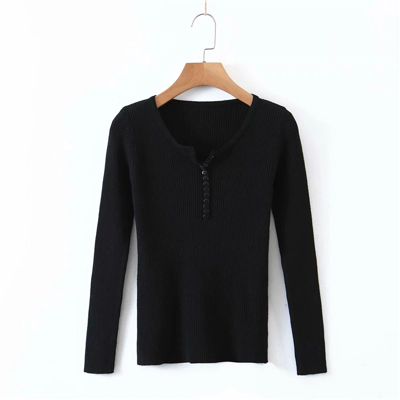 

Elegant Women Button V-Neck Sweater 2020 Fashion Ladies Solid Knitted Tops Causal Female Chic Sweater Slim Girl Pullover