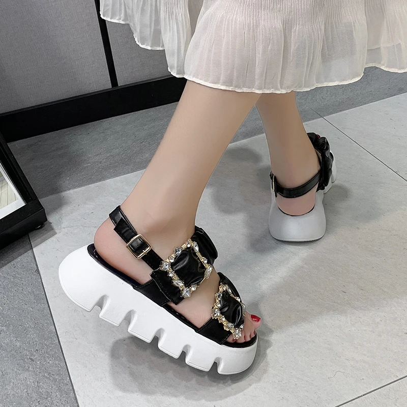 

Lucyever Crystal Buckle Platform Sandals Women PU Leather Strap Thick Sandalias Mujer Summer Wedge Comfortable Beach Shoes Woman