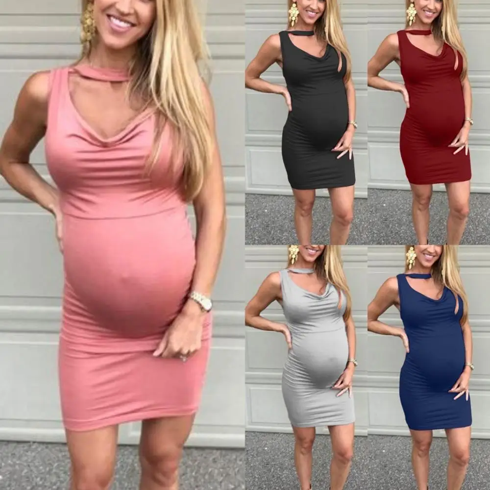 

New style European and American treasure mother V-neck sleeveless vest solid color fashion comfortable maternity dress dress