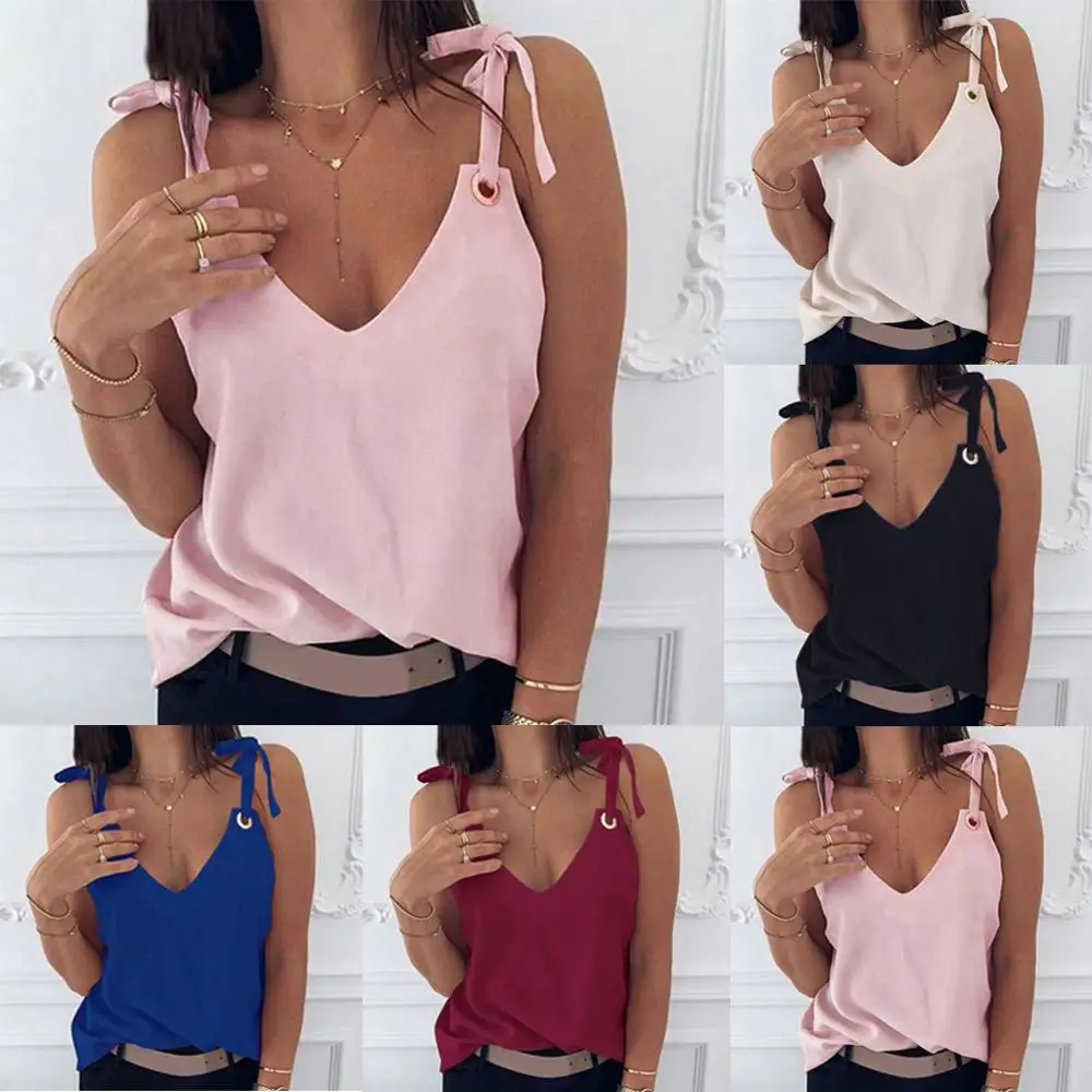 Сексуальный женский укороченный топ на бретелях-спагетти с бантом и V-образным