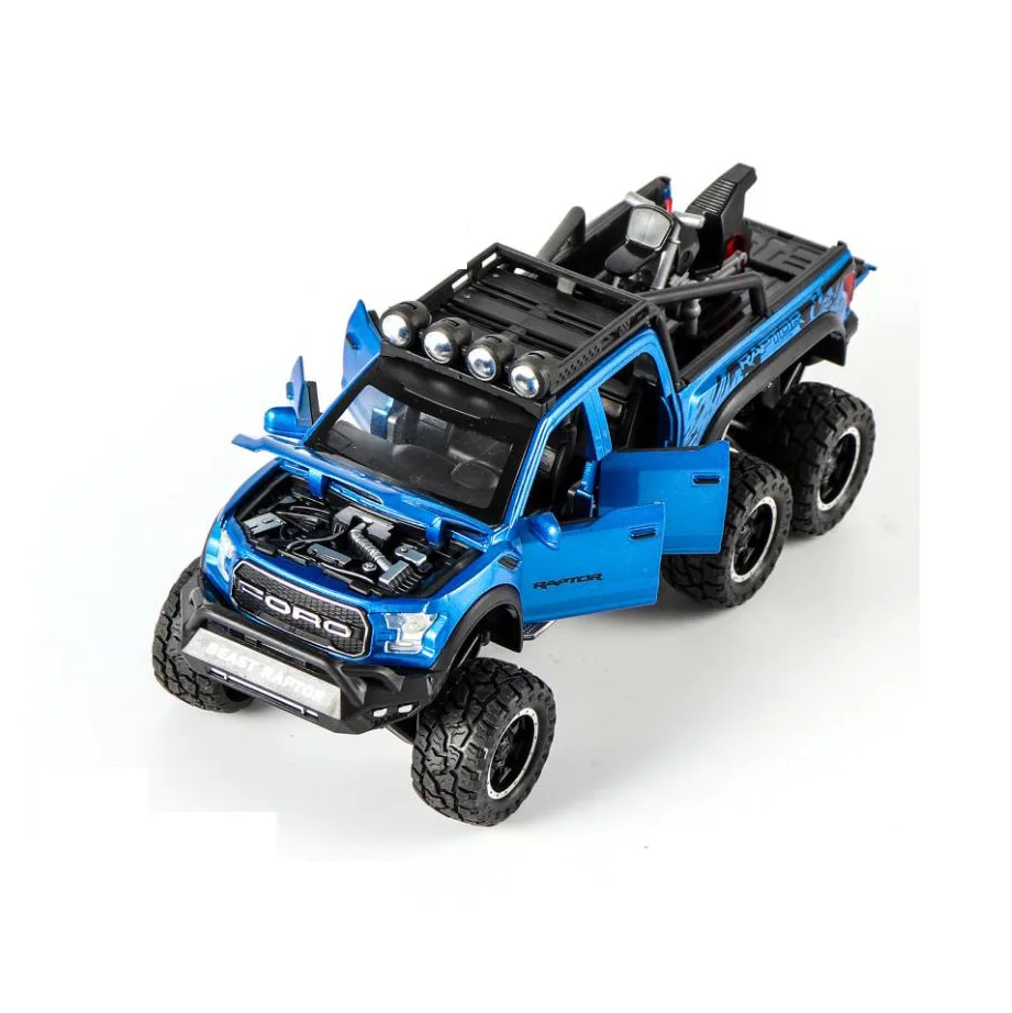 Hot 1:28 scale wheels Ford F150 Raptor metal model with light and sound Pickup truck diecast car pull back alloy toy collection - Цвет: Синий