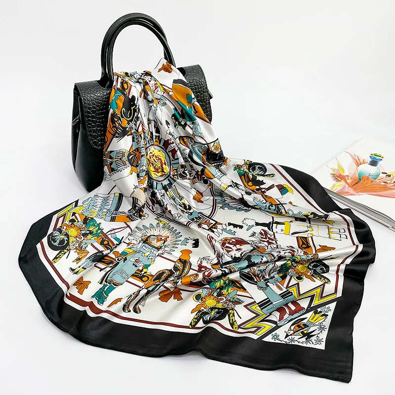 

Artificial Silk Scarf Female Large Kerchief 90cm Cartoon Graffiti Painting Baotou Gift Custom Satin Scarf