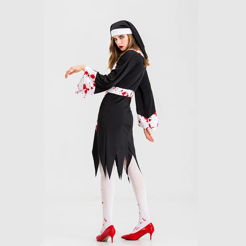 Женский черный костюм вампира на Хэллоуин женской злости священника зомби для