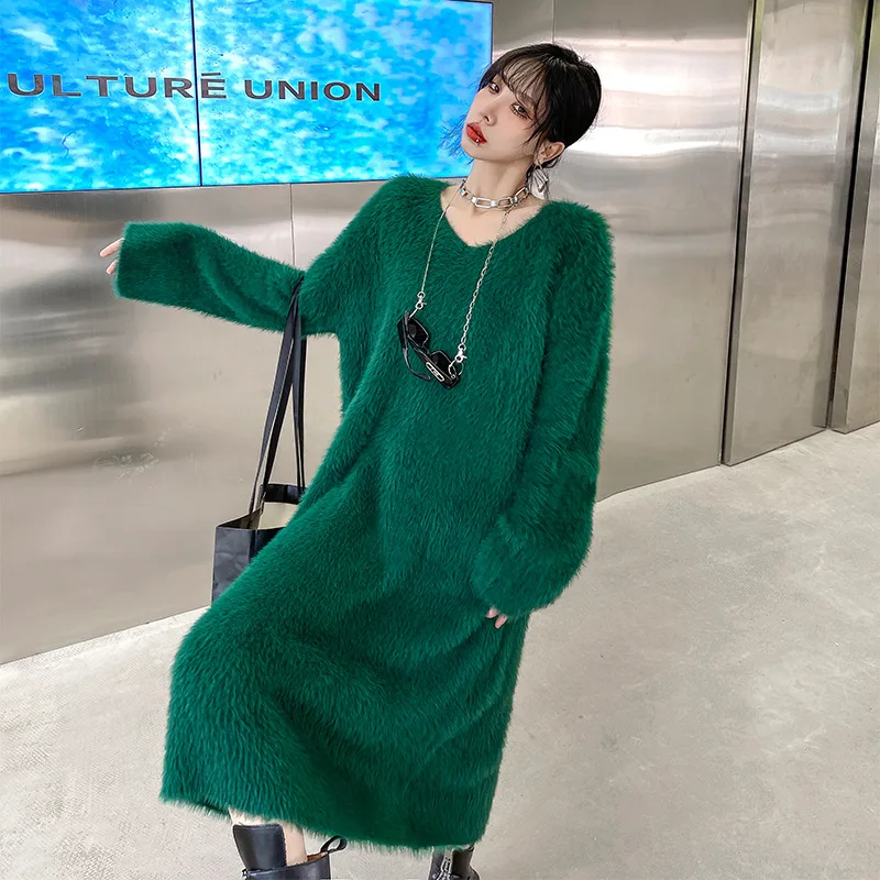 

Женское платье-свитер с V-образным вырезом и длинным рукавом, осенне-зимнее Новое однотонное молодежное Модное Длинное облегающее платье