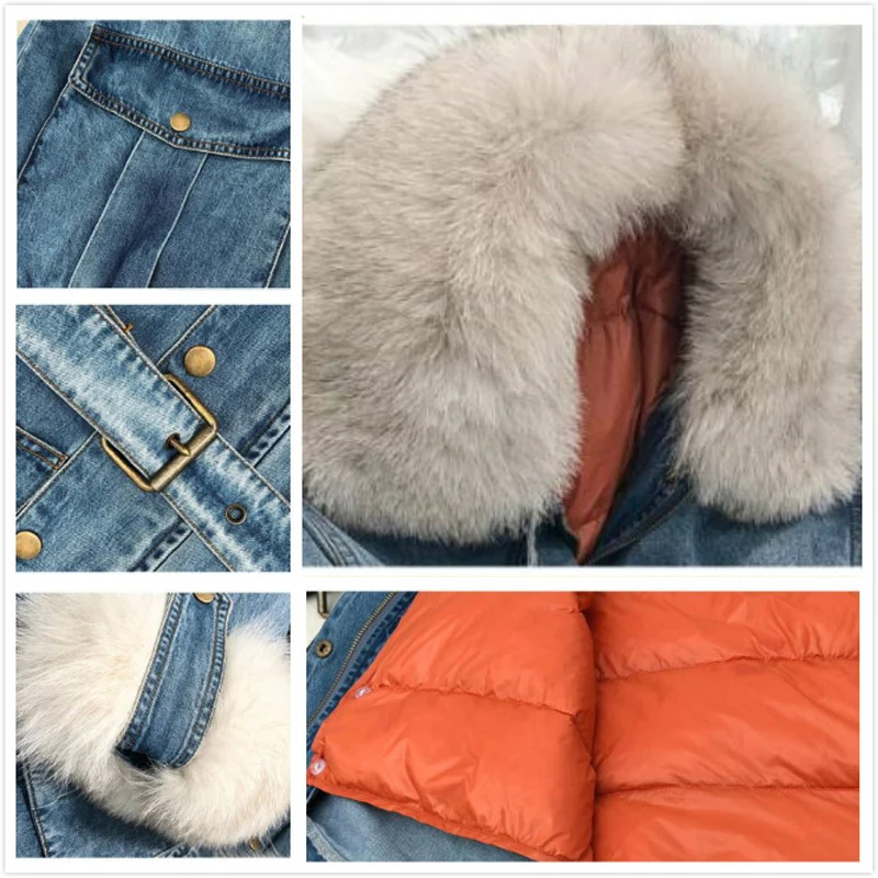 Зимняя женская джинсовая куртка с натуральным лисьим мехом пальто подкладкой из