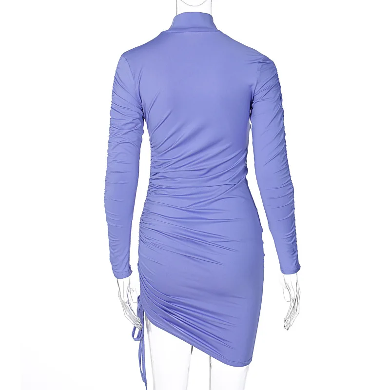 

Solid Color High Neck Long Sleeves Drawstring Slim Foliding Women Mini Package Hip Dress 2020 Autumn New Fashion Skinny Clothes