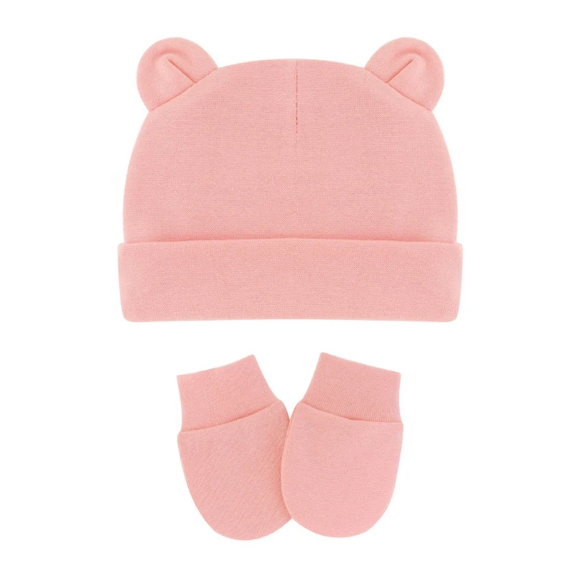 

Newborn Baby Cotton Beanies Hospital Hat and Mittens Set Solid Warm Cap Gloves