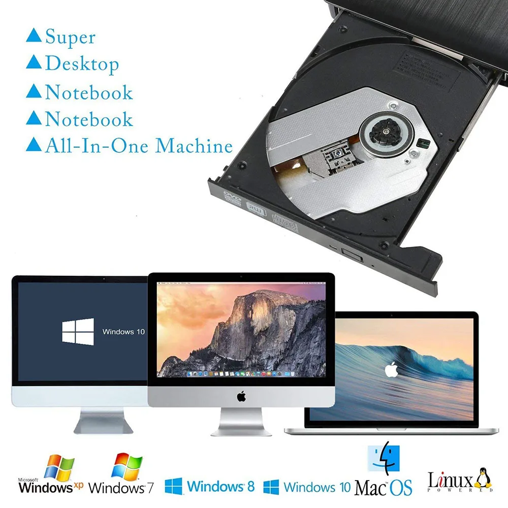 

USB 3.0 External DVD Drive Ultra-Slim CD/DVD-RW DVD/CD Rom Rewriter Burner Writer High Speed Data Transfer for Laptop Desktops