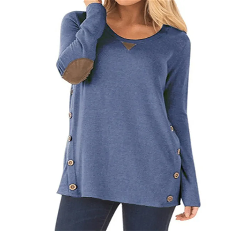 Футболки с длинным рукавом сплошной цвет Свободные Лоскутные Женские кнопки