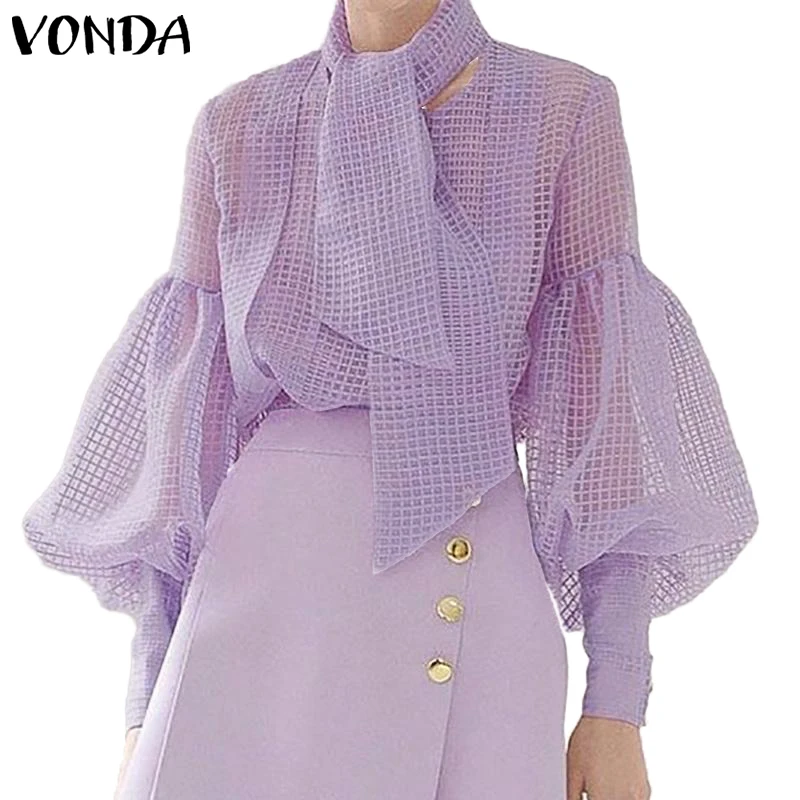 VONDA, плюс размер, Женская сетчатая блузка, сексуальная, открытая, рукав-фонарик, топы, элегантные женские рубашки с шарфом,, прозрачные блузы