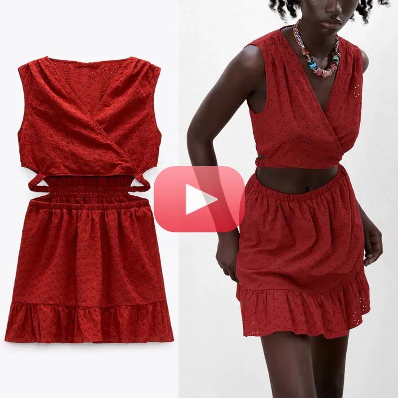 

Summer Women Openwork Embroidered Dress 2021 Sleeveless Elastic Waist Sexy Party Dress Female Pleated Ruffle Mini Red Dresses