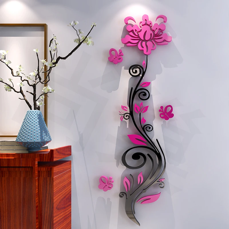 

Rose Flower Acrylic Three-Dimensional Wall Stickers Modern Brief TV Background Vertical 3d Mirror Pegatinas De Pared Muraux