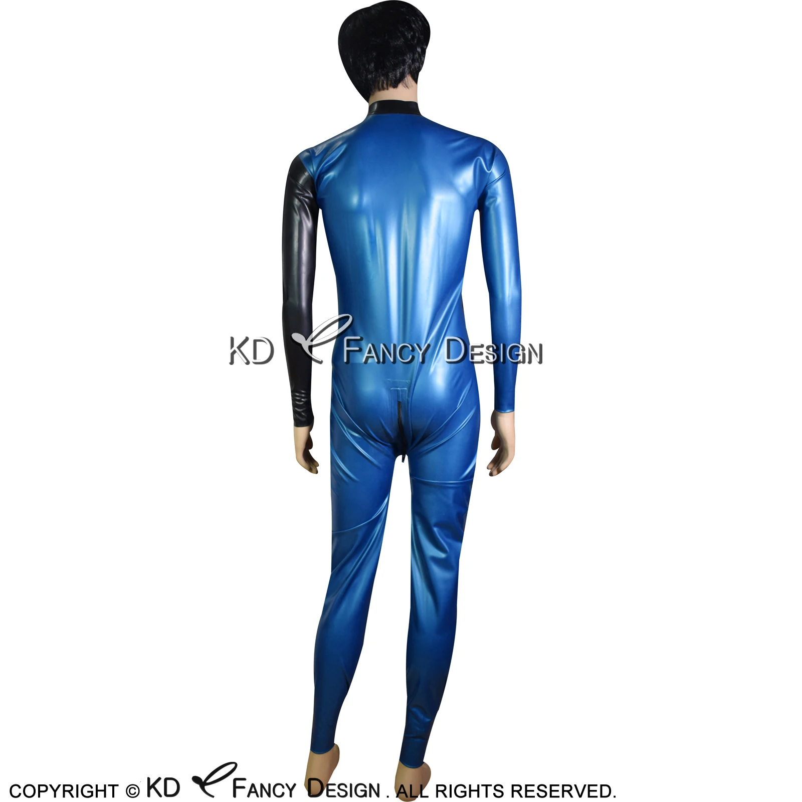 Черный и синий сексуальный комбинезон из латекса с диагоналями спереди до паха