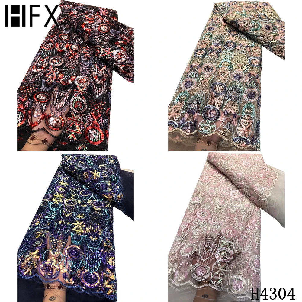 

HFX Latest Sequins Lace Fabric 2020 African Net Lace French Sequin Fabric Tulle Embroidery Mesh Fabric For Evening Party F4304