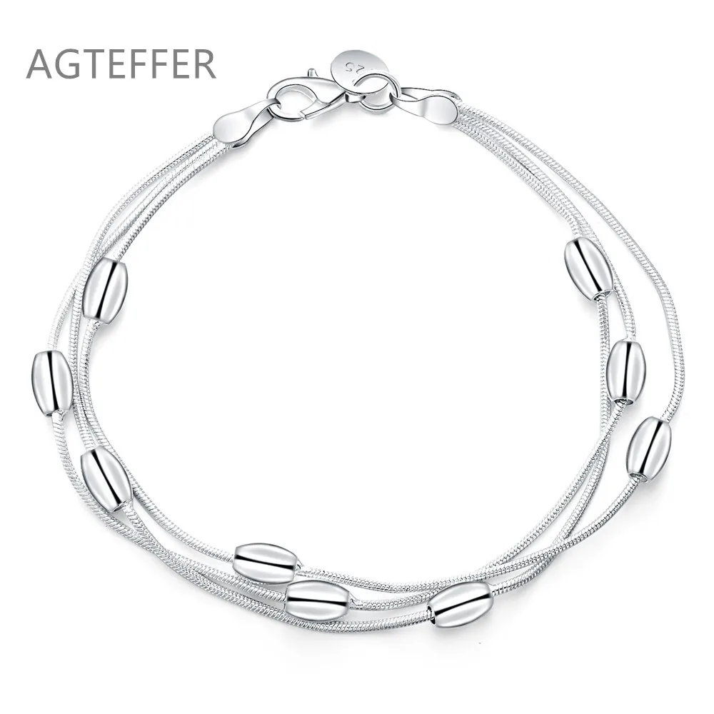 

AGTEFFER 925 Sterling Silver Three Snake Chain Smooth Beads Bracelet For Women Wedding Engagement Party Fashion Jewelry