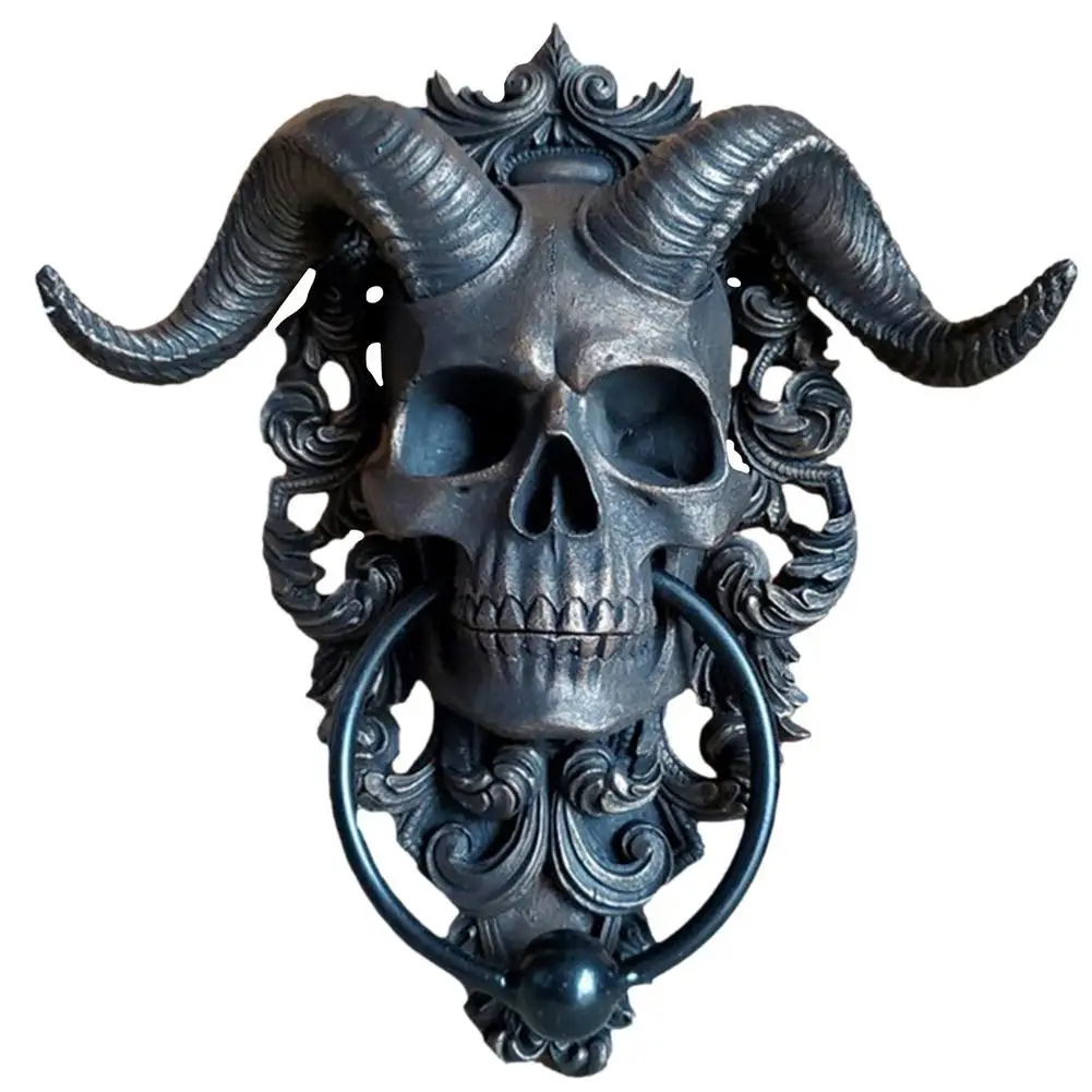 

Vintage Brass Resin Horned Skull Hanging Head Door Knocker Villa Courtyard Gate Ring Door Handle Pulls Knob Home Decoration