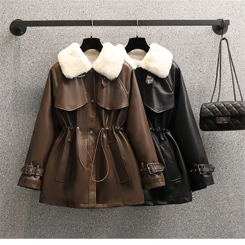 

Winter Fur Collar PU Leather Coat Women Fashion Mid-Length Thick Plus Velvet Motorcycle Jacket Ladies Loose Outerwear Tide G1656