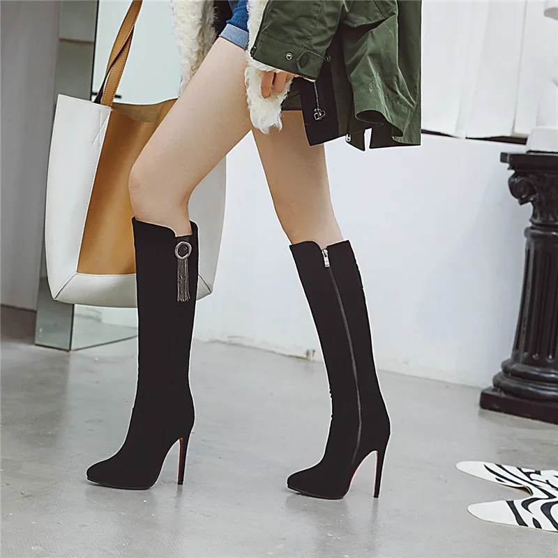 Женские сапоги с острым носком на молнии тонком высоком каблуке | Обувь