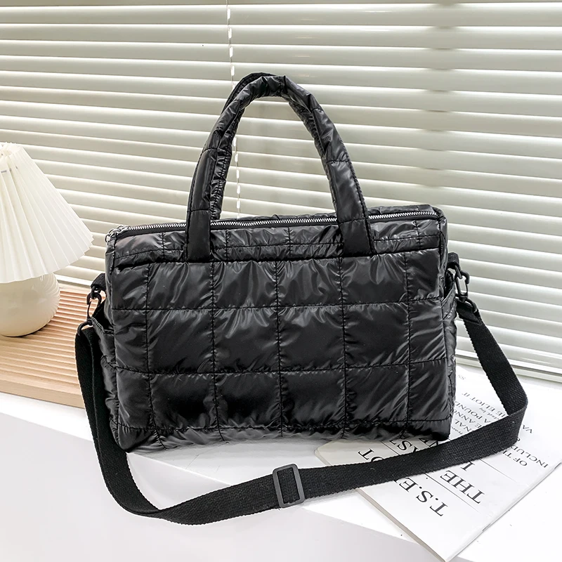 Nylon Waterproof Grid Soft Bucket Crossbody Shoulder Bag for Women 2022 Winter Padded Handbags Totes With Short Handle