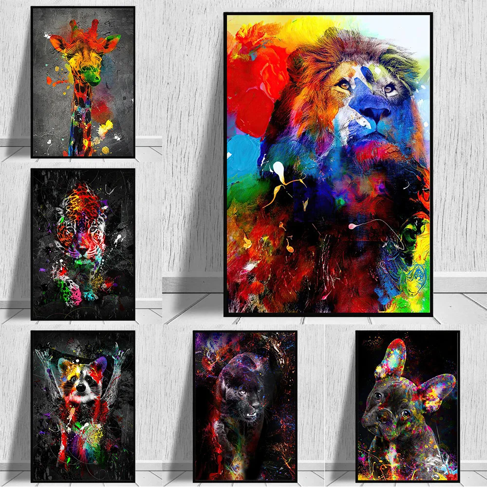 

Watercolour Graffiti Animal Oil Painting On Canvas Wall Art Giraffe lion Posters And Prints Kids Room Home Decor Wall Pictures