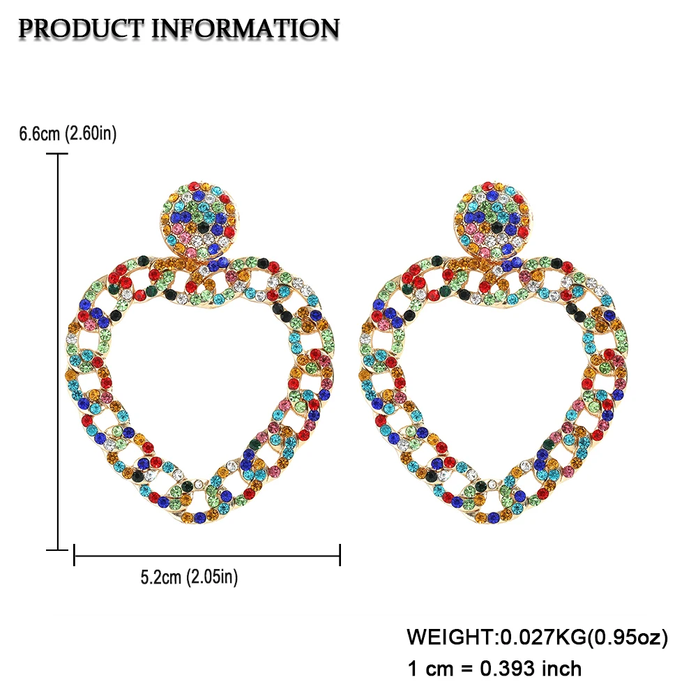

Dvacaman Newly Statement Big Heart-Shaped Metal Colorful Rhinestone Drop Earrings High Quality Crystal Jewelry for Women Wedding
