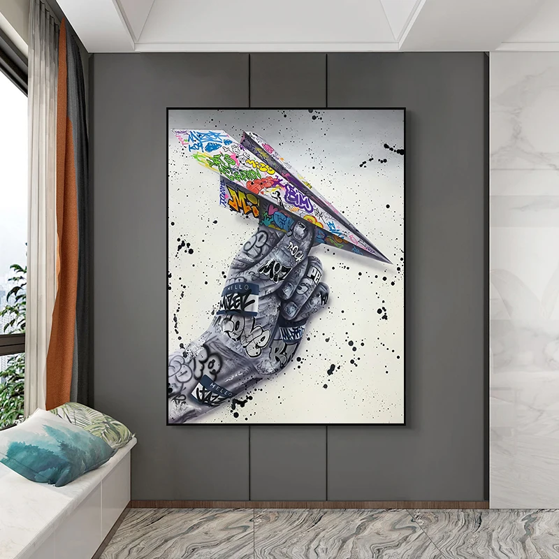

Street Graffiti Art Canvas Painting Modern Abstract Paper Airplane with Hand Posters and Prints Pictures for Living Room Decor