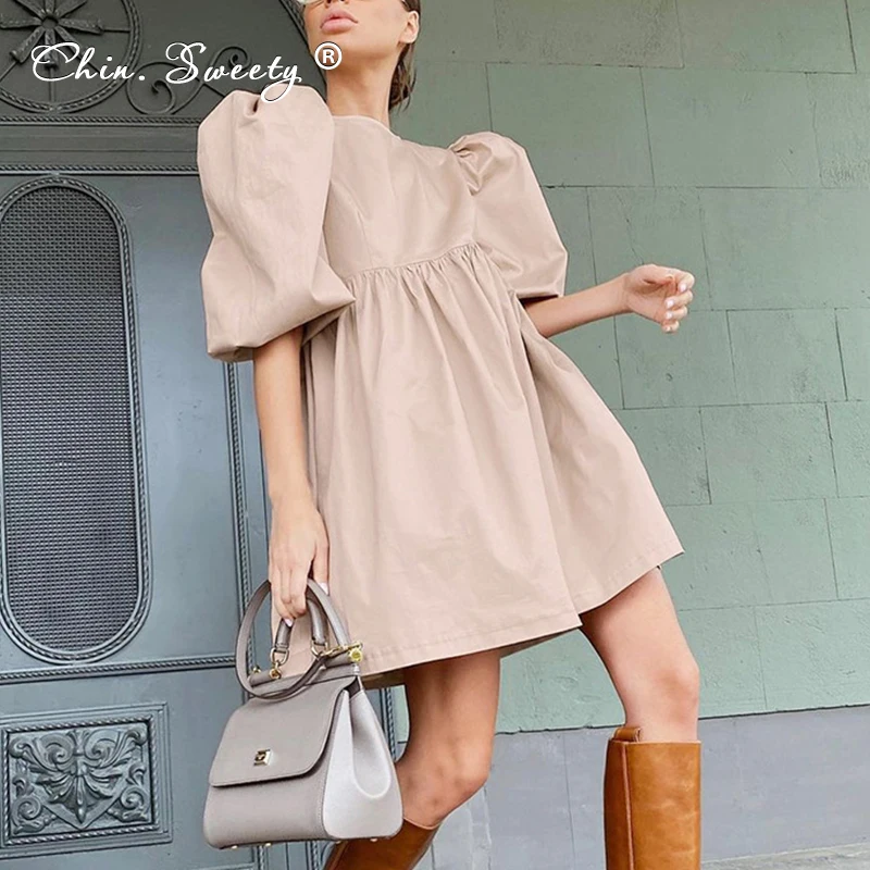 Мини-платье женское с пышными рукавами 100% хлопок однотонное Плиссированное