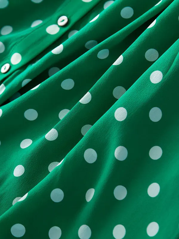 Шелковое летнее женское платье в горошек элегантное зеленое платье-рубашка