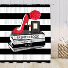 Занавеска для душа с 3D флаконом духов, красивая занавеска для душа в черно-белую полоску с рисунком Hello Великолепный макияж, модная занавеска на высоких каблуках красного цвета, ткань для ванной комнаты